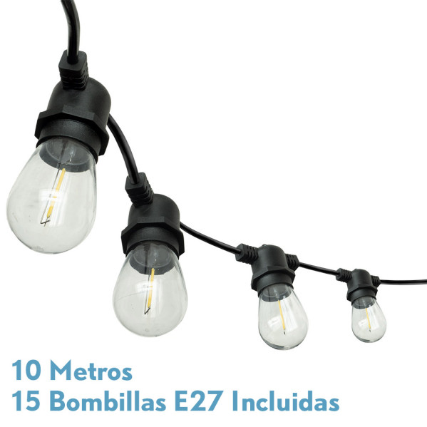 Guirnalda Luces Exterior Verbena 10m 15xe27led 15w 4000k Bombillas Reemplazables E Interconectable Ip44