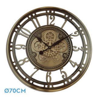 Reloj De Pared Mesina Bronce 70x70x8cm Engranajes  Con Movimiento