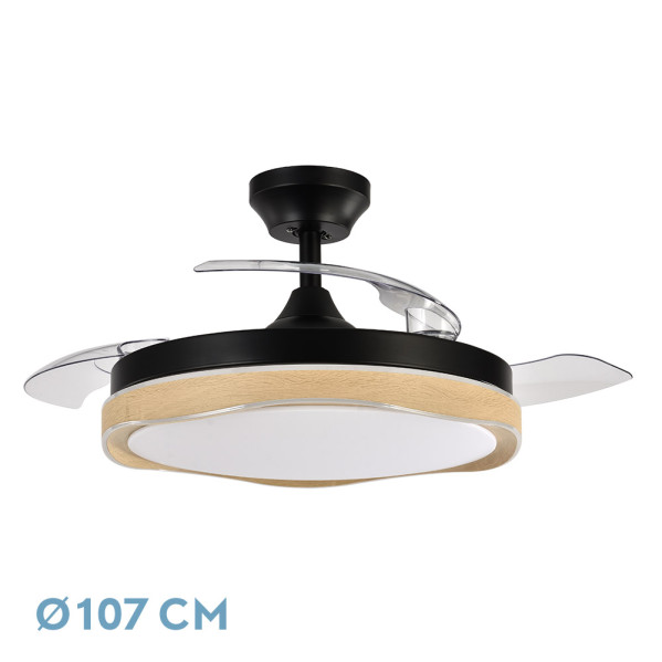 Ventilador Dc Blondi Negro/madera 72w 3aspas107d 7200lm 6vel 3000k,4500k,6000k Remoto+temporizador+memoria