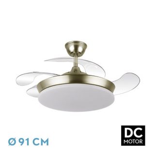 Ventilador Dc Tridente Mini 59w Cuero 4aspas Desp. 91d 6980lm Reg.intensidad Remoto+temporizador+memoria 3000-4000-6000k