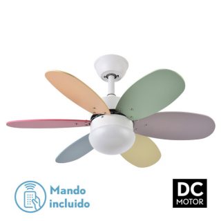 Ventilador Dc Alves 2xe27 Blanco 6 Aspas Rev. Pastel/Intenso 41x85d C/ Remoto Y Temporizador