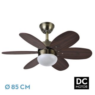Ventilador Dc Alves 2xe27 Cuero 6 Aspas Rev. Cerezo/nogal 41x85d C/ Remoto Y Temporizador