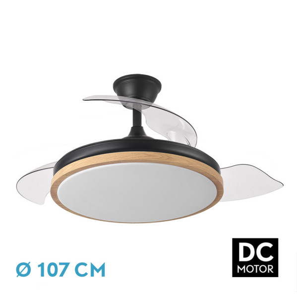 Ventilador Dc Evros 59w 6980lm Negro/haya 107d 3asp.desplegables 3000-4000-6000k Remoto+reg.intensidad+temp+memoria